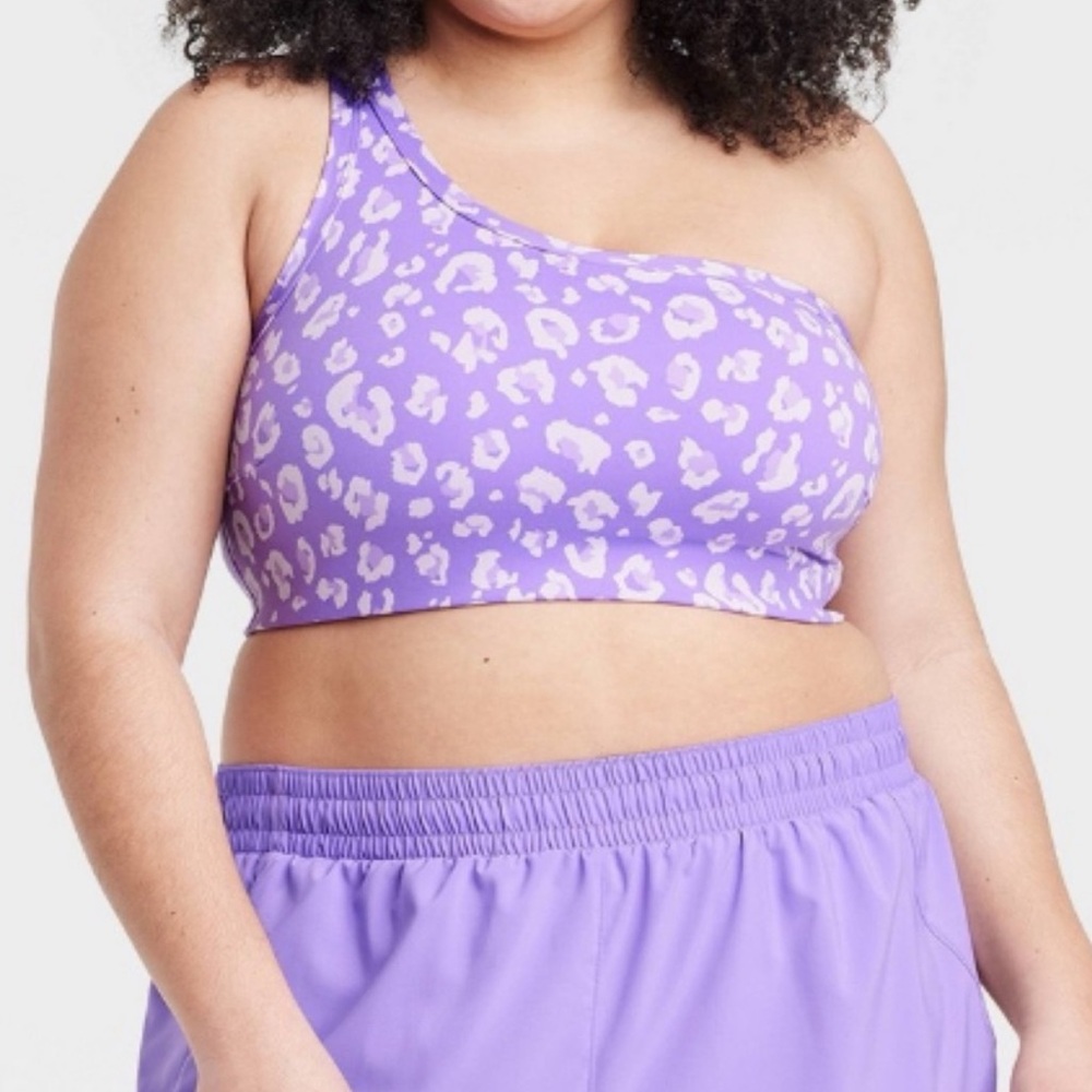 Purple Leopard Print One-Shoulder Sports Bra